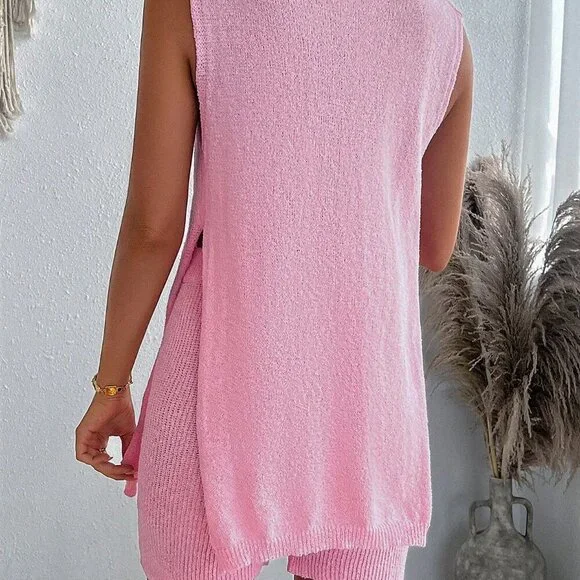 Pink Casual Women's Set: Loose Side Split Knit Vest And Shorts - Picture 2 of 7